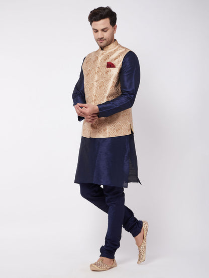 Men's Navy Blue Silk Blend Straight Jacket  Kurta and Pyjama Set