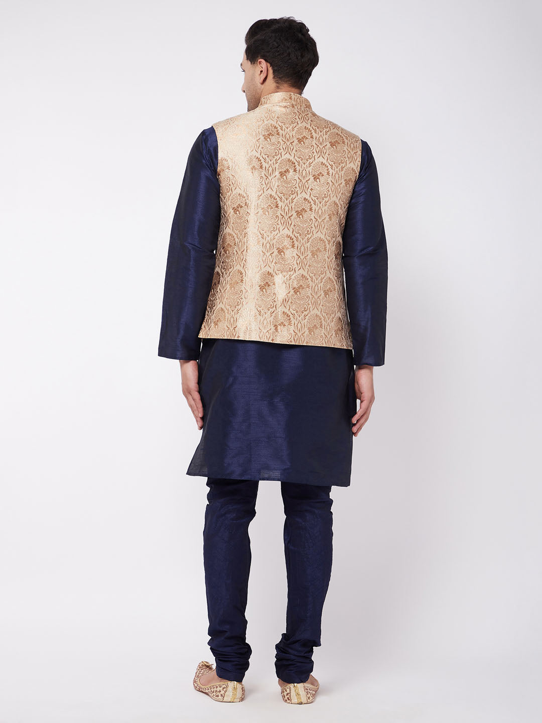 Men's Navy Blue Silk Blend Straight Jacket  Kurta and Pyjama Set