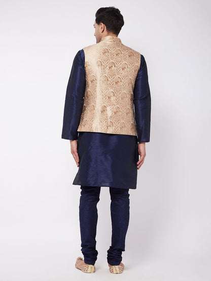 Men's Navy Blue Silk Blend Straight Jacket  Kurta and Pyjama Set