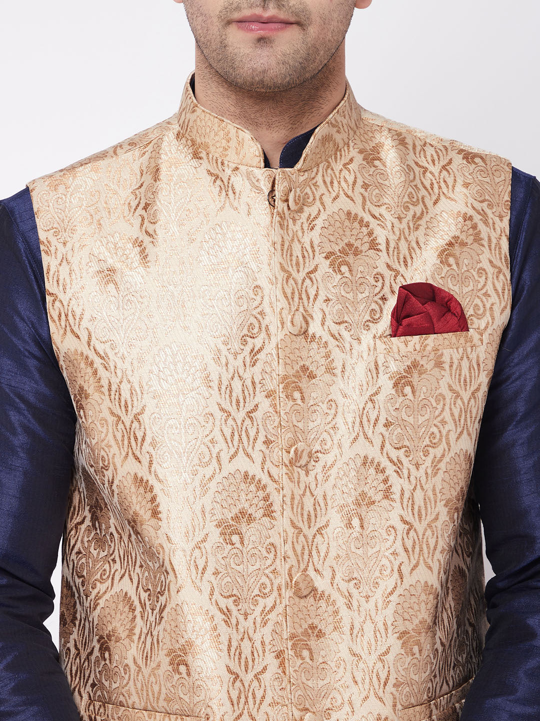 Men's Navy Blue Silk Blend Straight Jacket  Kurta and Pyjama Set