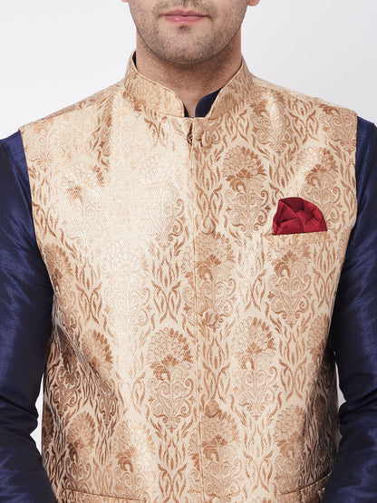 Men's Navy Blue Silk Blend Straight Jacket  Kurta and Pyjama Set