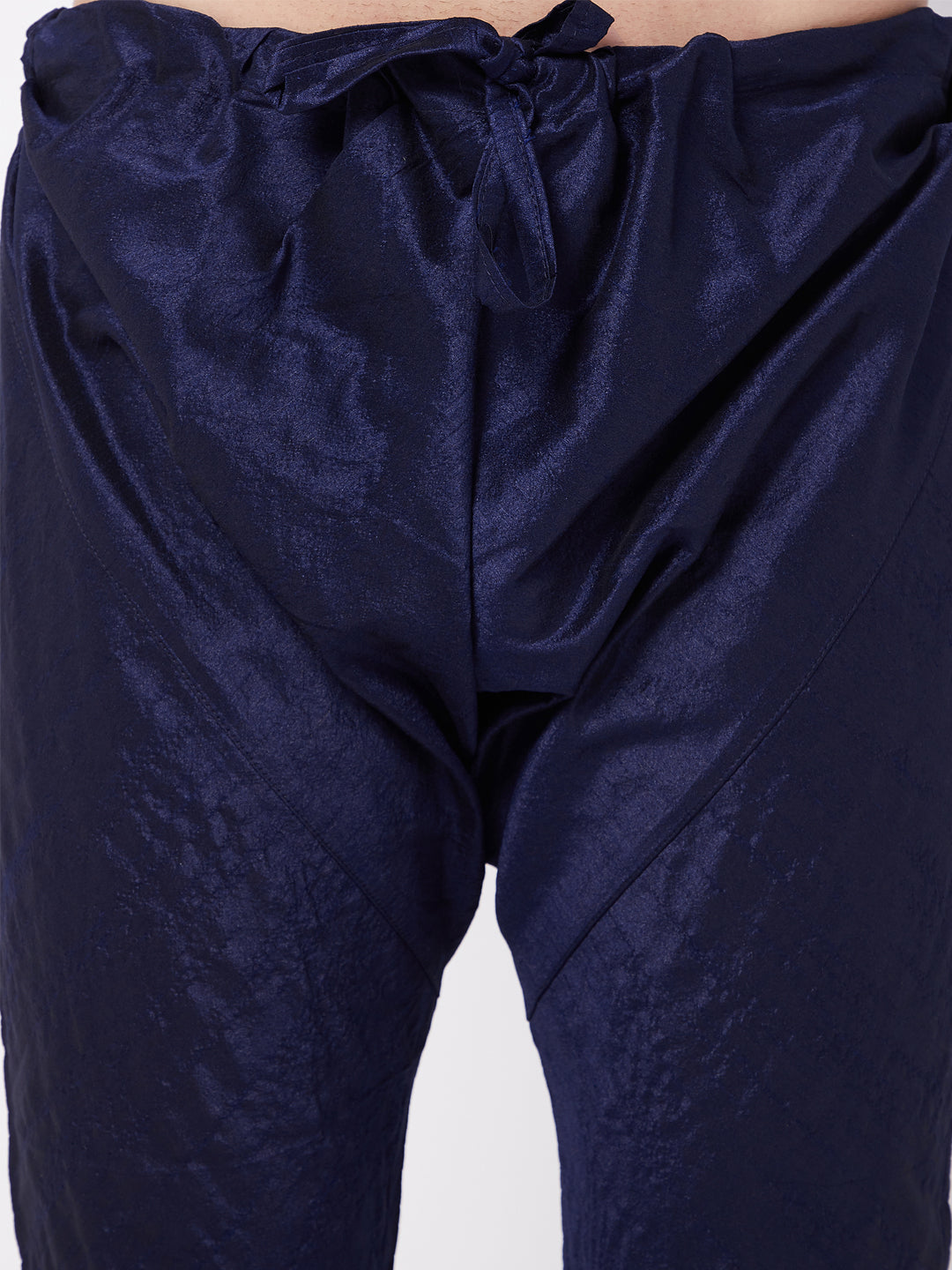 Men's Navy Blue Silk Blend Straight Jacket  Kurta and Pyjama Set