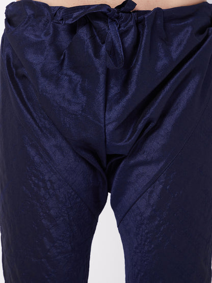 Men's Navy Blue Silk Blend Straight Jacket  Kurta and Pyjama Set
