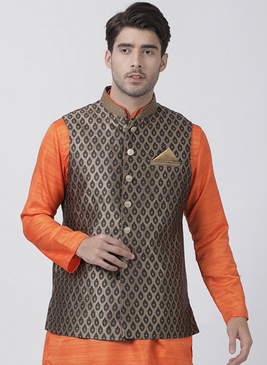 Men's Black Silk Blend Straight Nehru Jacket
