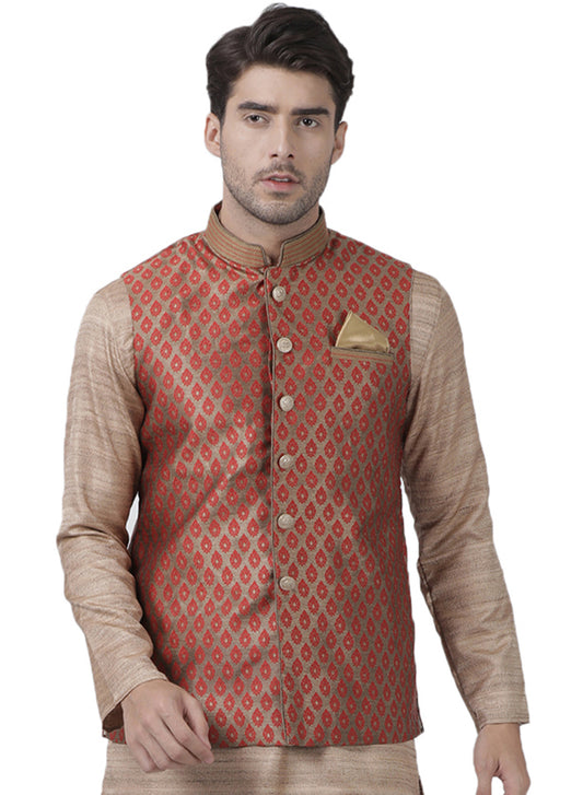 Men's Maroon Silk Blend Straight Nehru Jacket