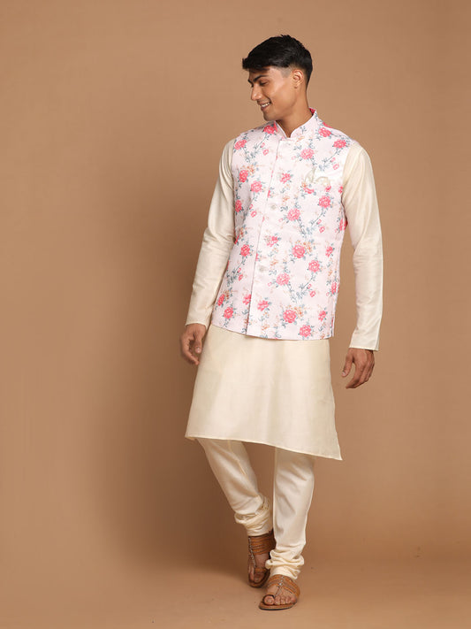 Men's Cream Viscose Straight Jacket  Kurta and Pyjama Set