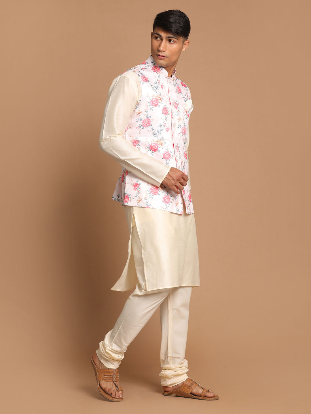 Men's Cream Viscose Straight Jacket  Kurta and Pyjama Set