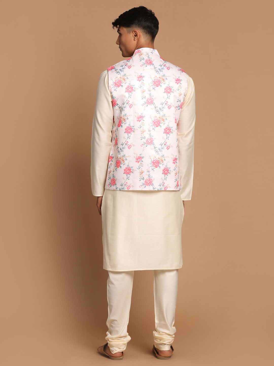 Men's Cream Viscose Straight Jacket  Kurta and Pyjama Set