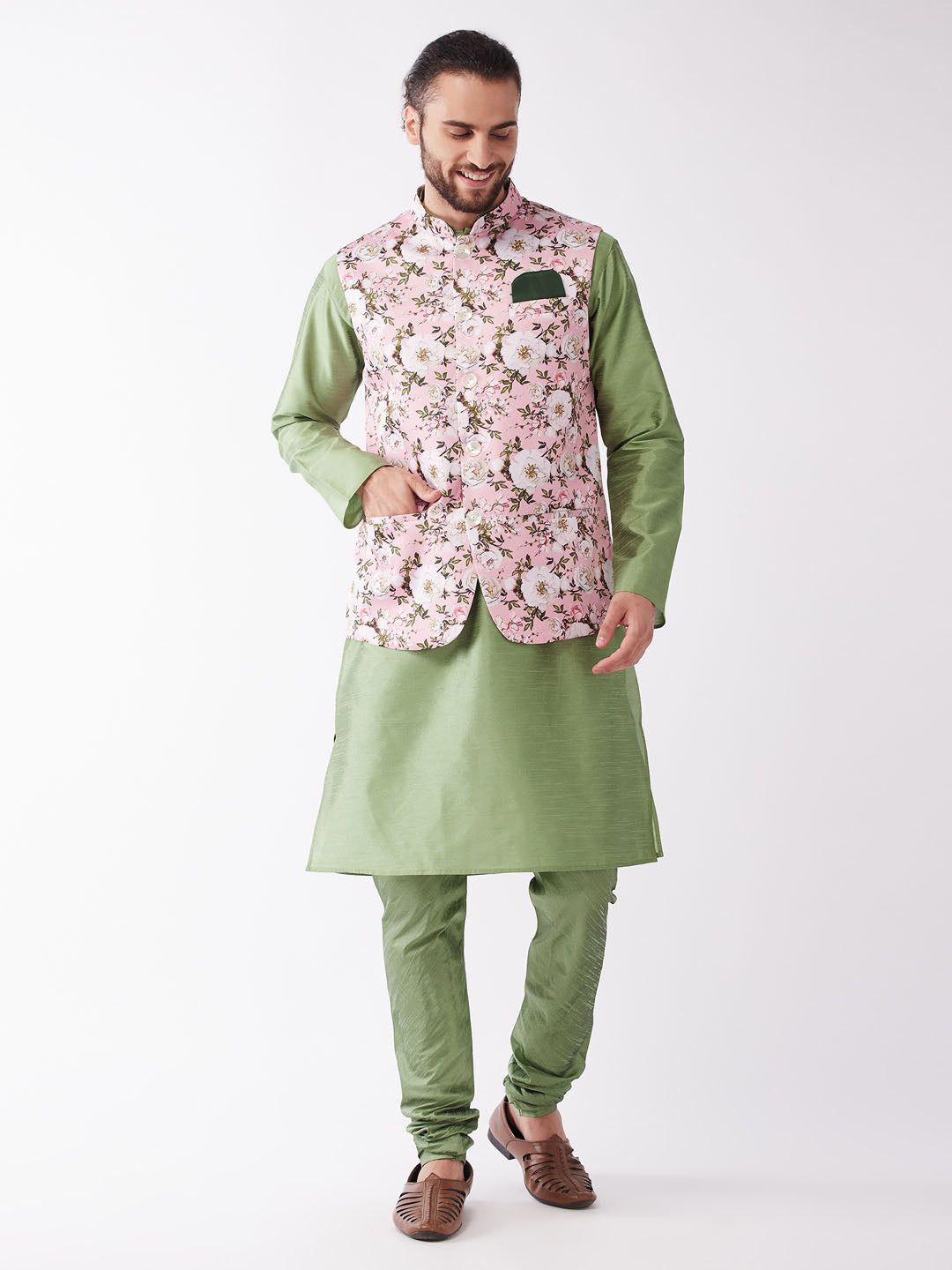 Men's Green Silk Blend Straight Jacket  Kurta and Pyjama Set