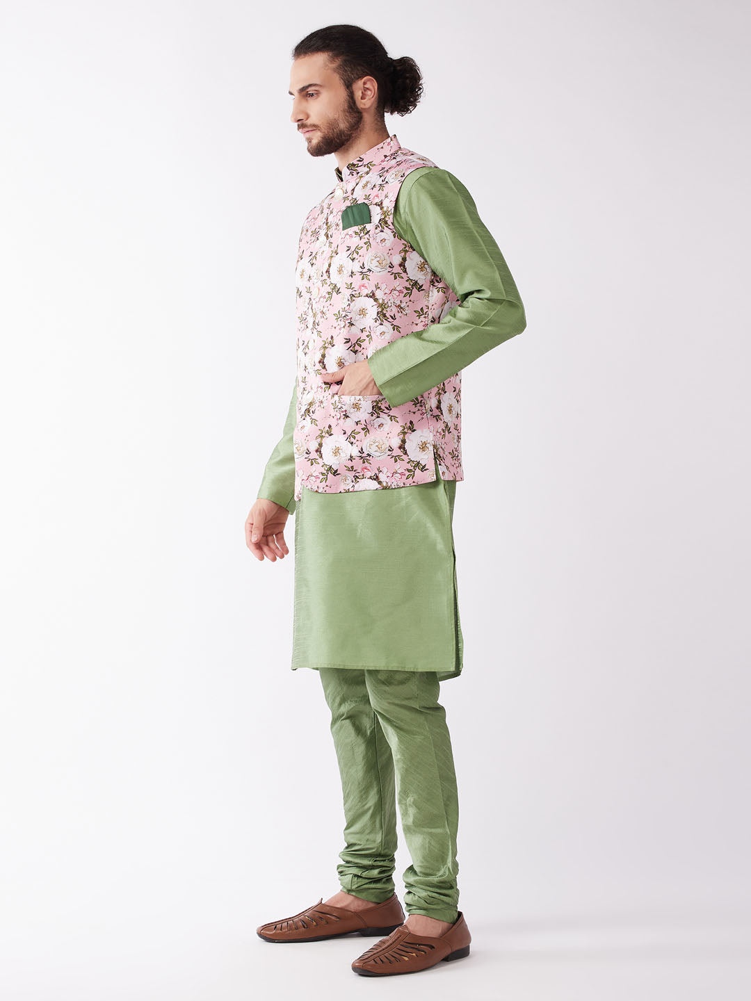 Men's Green Silk Blend Straight Jacket  Kurta and Pyjama Set