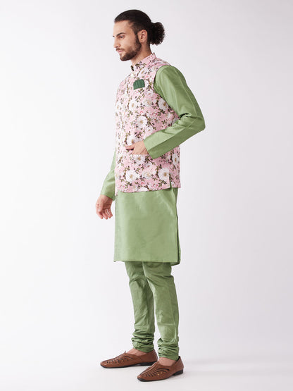Men's Green Silk Blend Straight Jacket  Kurta and Pyjama Set