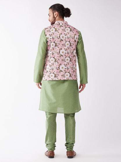 Men's Green Silk Blend Straight Jacket  Kurta and Pyjama Set