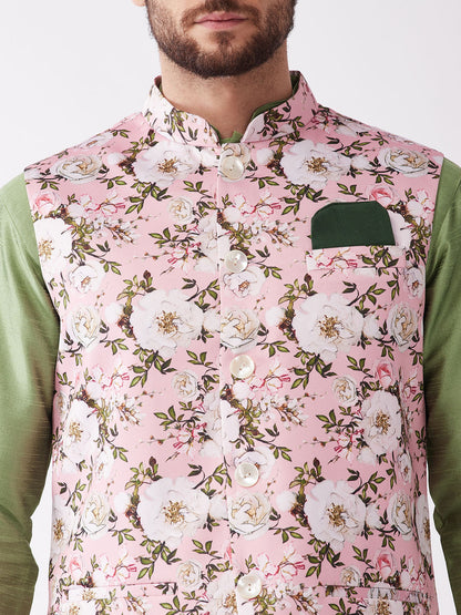 Men's Green Silk Blend Straight Jacket  Kurta and Pyjama Set
