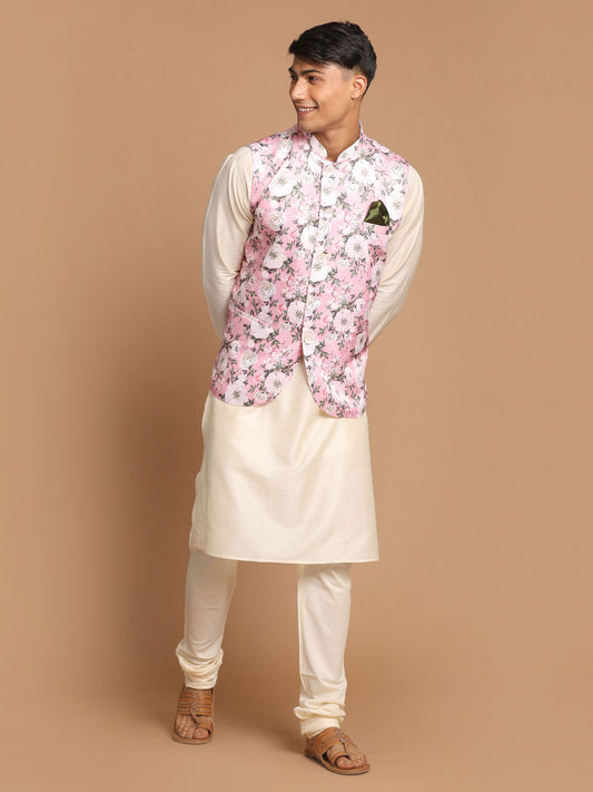 Men's Cream Viscose Straight Jacket  Kurta and Pyjama Set