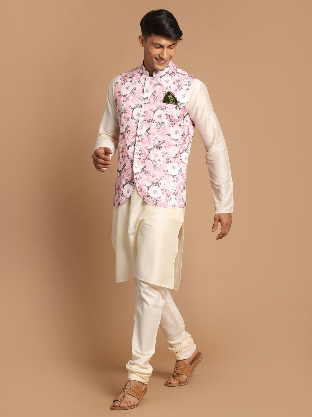 Men's Cream Viscose Straight Jacket  Kurta and Pyjama Set