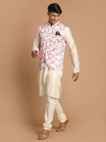 Men's Cream Viscose Straight Jacket  Kurta and Pyjama Set