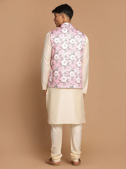 Men's Cream Viscose Straight Jacket  Kurta and Pyjama Set