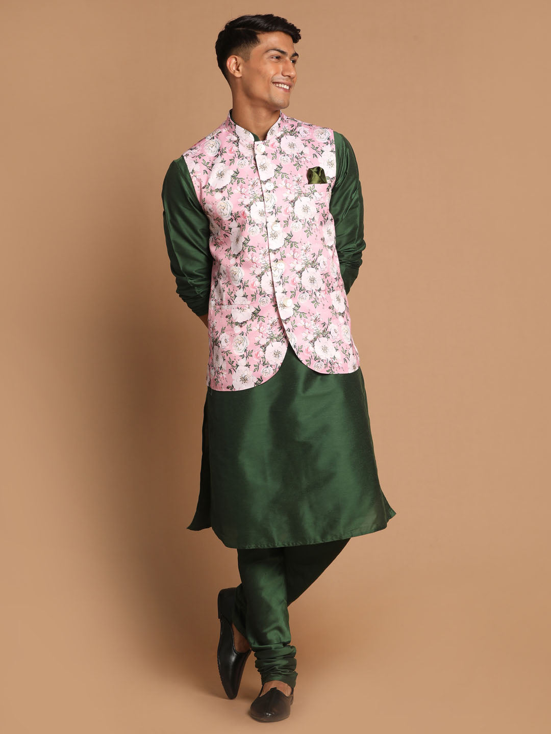 Men's Green Viscose Blend Straight Jacket  Kurta and Pyjama Set