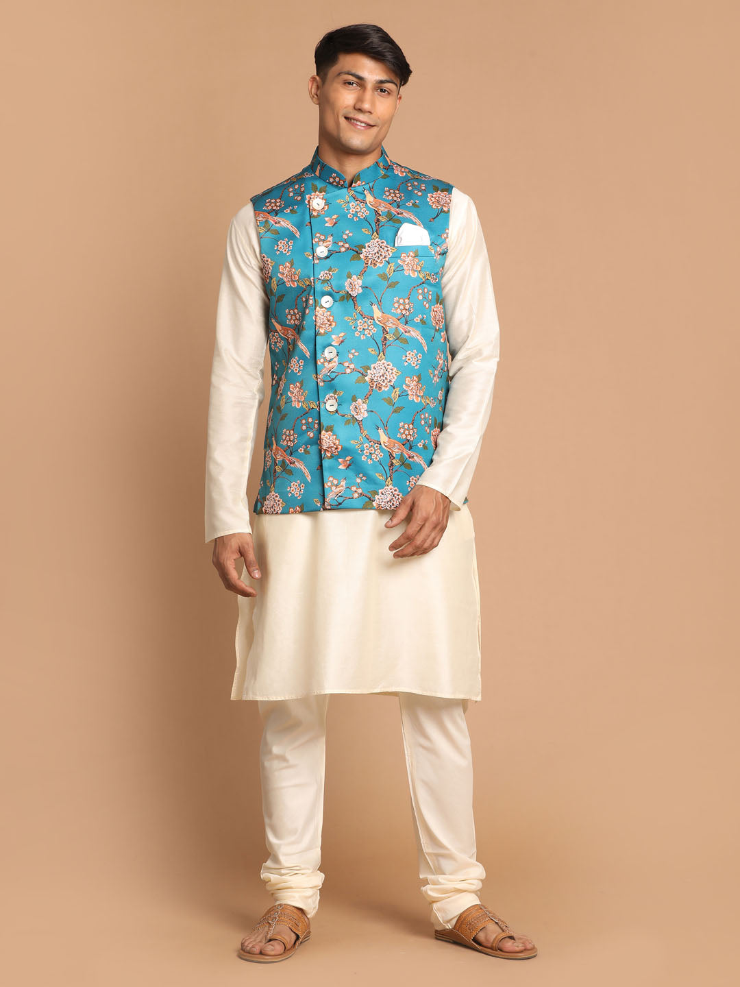 Men's Cream Viscose Straight Jacket  Kurta and Pyjama Set