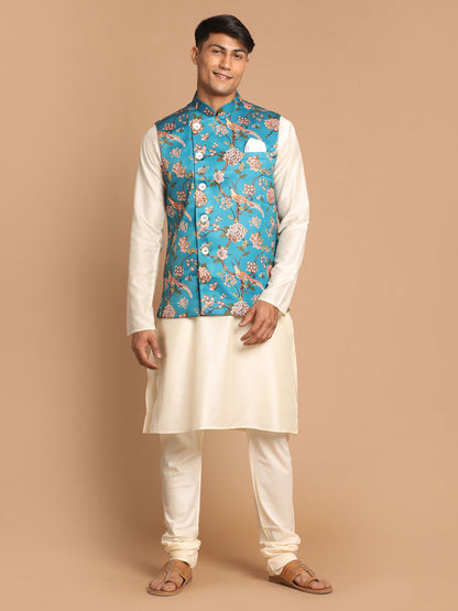 Men's Cream Viscose Straight Jacket  Kurta and Pyjama Set