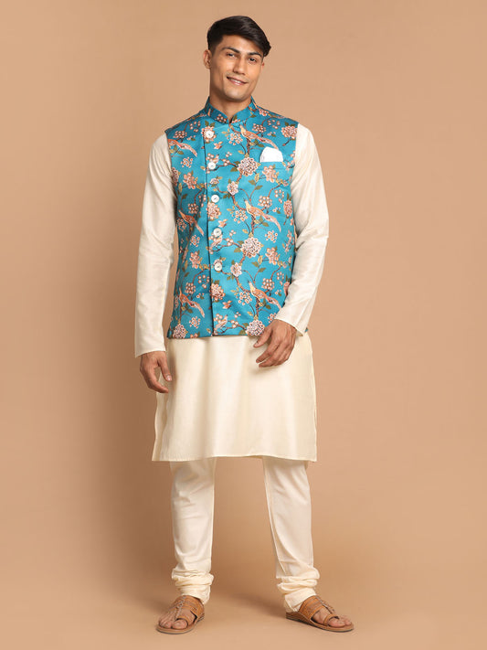 Men's Cream Viscose Straight Jacket  Kurta and Pyjama Set