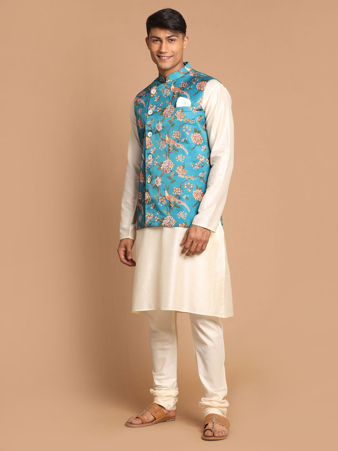 Men's Cream Viscose Straight Jacket  Kurta and Pyjama Set