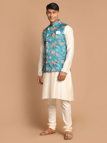 Men's Cream Viscose Straight Jacket  Kurta and Pyjama Set