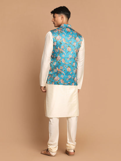 Men's Cream Viscose Straight Jacket  Kurta and Pyjama Set