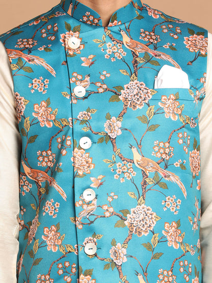 Men's Cream Viscose Straight Jacket  Kurta and Pyjama Set