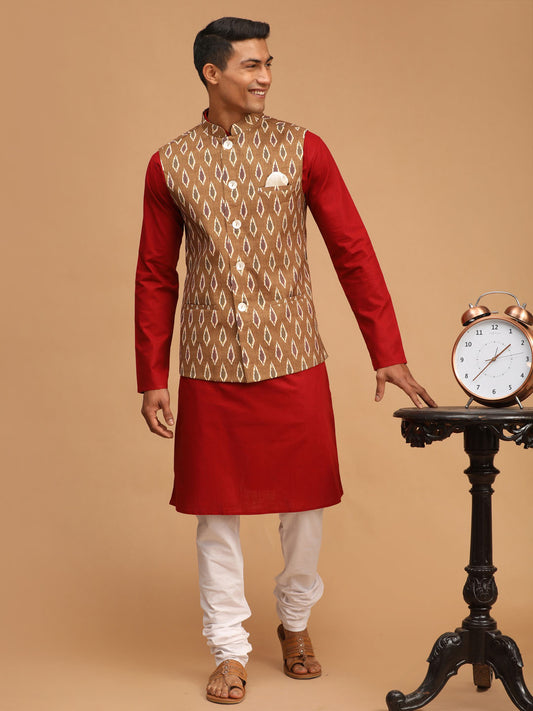 Men's Maroon Cotton Blend Straight Jacket  Kurta and Pyjama Set