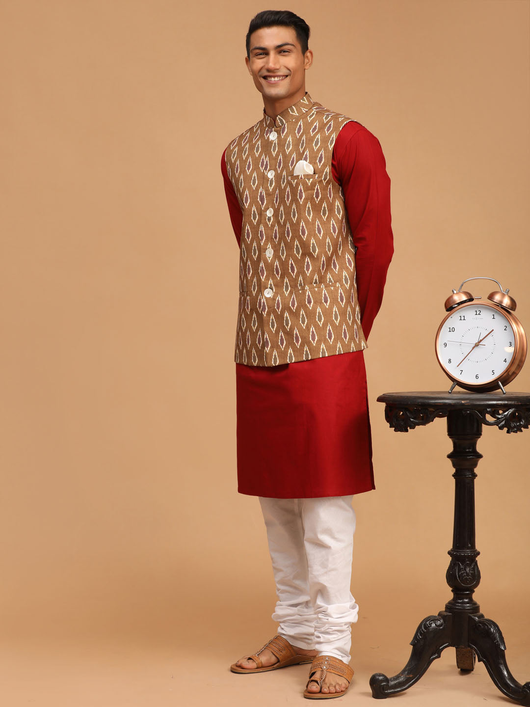 Men's Maroon Cotton Blend Straight Jacket  Kurta and Pyjama Set