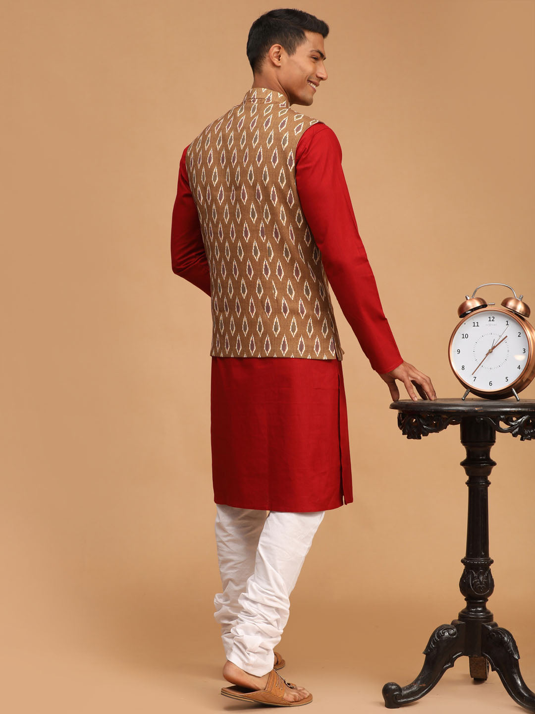 Men's Maroon Cotton Blend Straight Jacket  Kurta and Pyjama Set