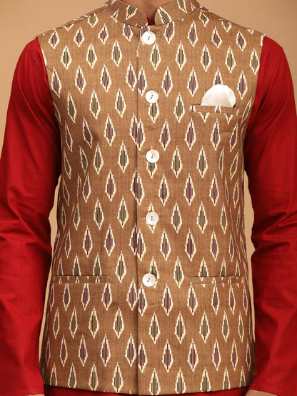 Men's Maroon Cotton Blend Straight Jacket  Kurta and Pyjama Set
