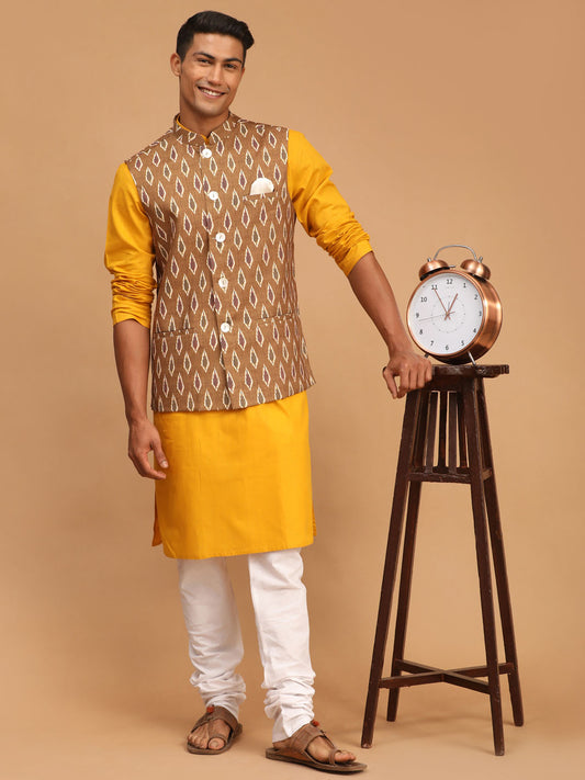 Men's Mustard Cotton Blend Straight Jacket  Kurta and Pyjama Set