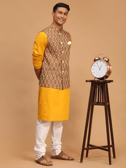 Men's Mustard Cotton Blend Straight Jacket  Kurta and Pyjama Set