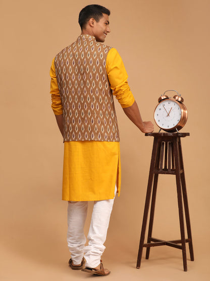 Men's Mustard Cotton Blend Straight Jacket  Kurta and Pyjama Set
