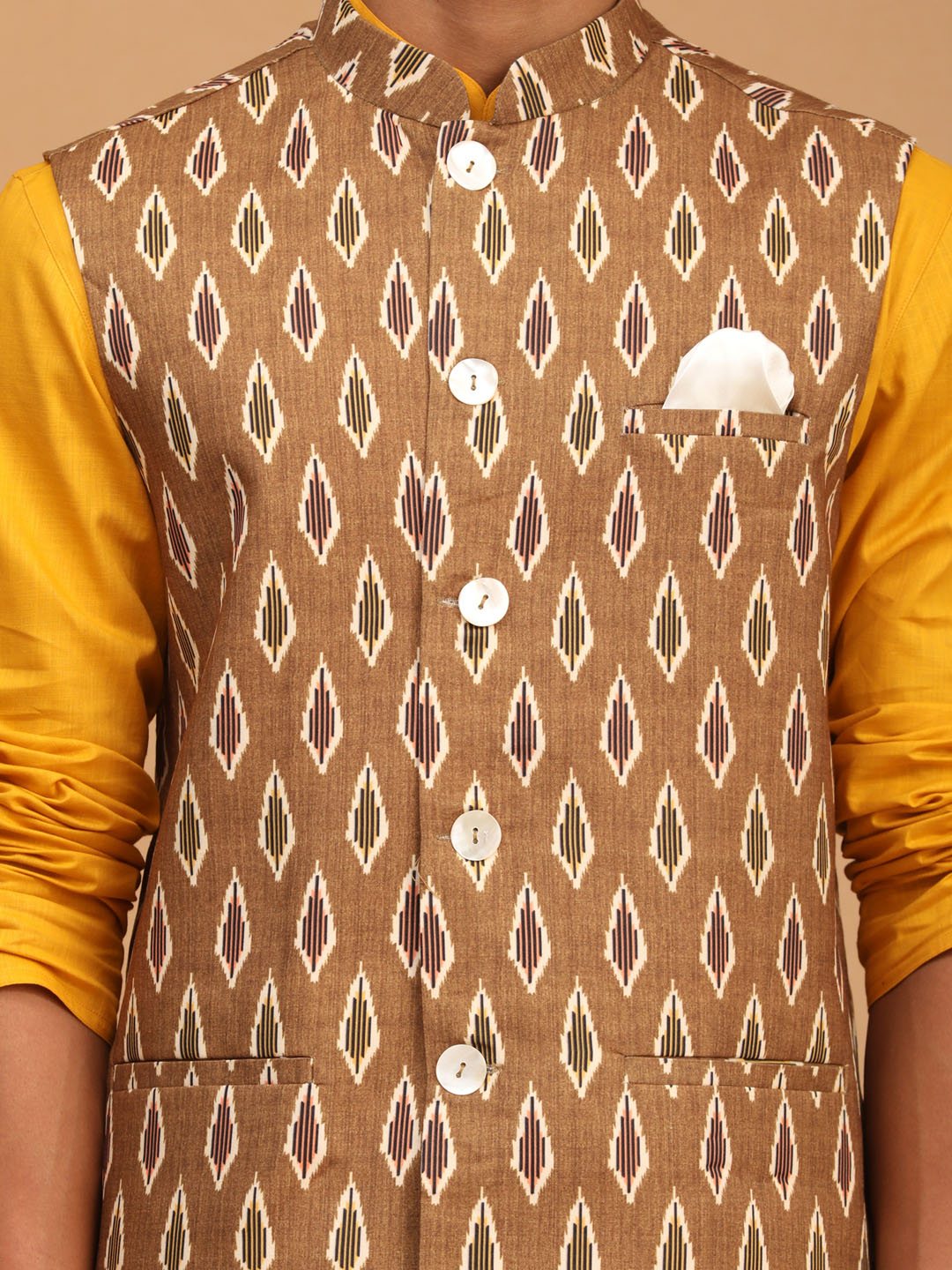 Men's Mustard Cotton Blend Straight Jacket  Kurta and Pyjama Set