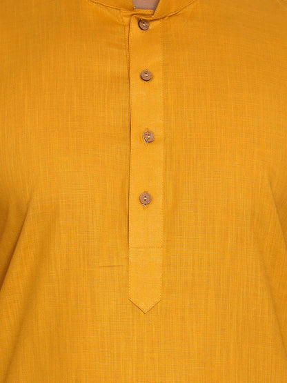 Men's Mustard Cotton Blend Straight Jacket  Kurta and Pyjama Set