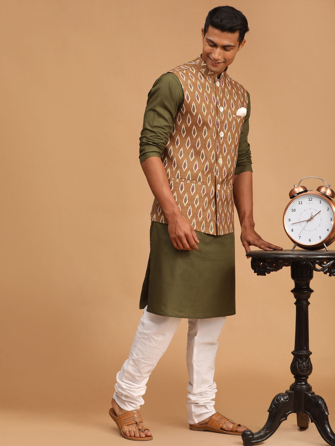 Men's Dark Green Cotton Blend Straight Jacket  Kurta and Pyjama Set