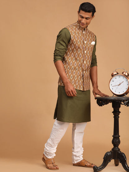 Men's Dark Green Cotton Blend Straight Jacket  Kurta and Pyjama Set