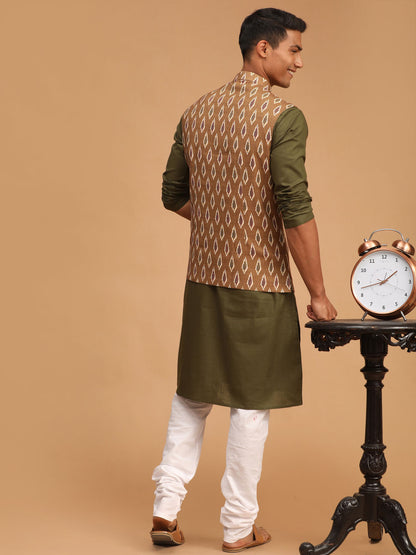 Men's Dark Green Cotton Blend Straight Jacket  Kurta and Pyjama Set