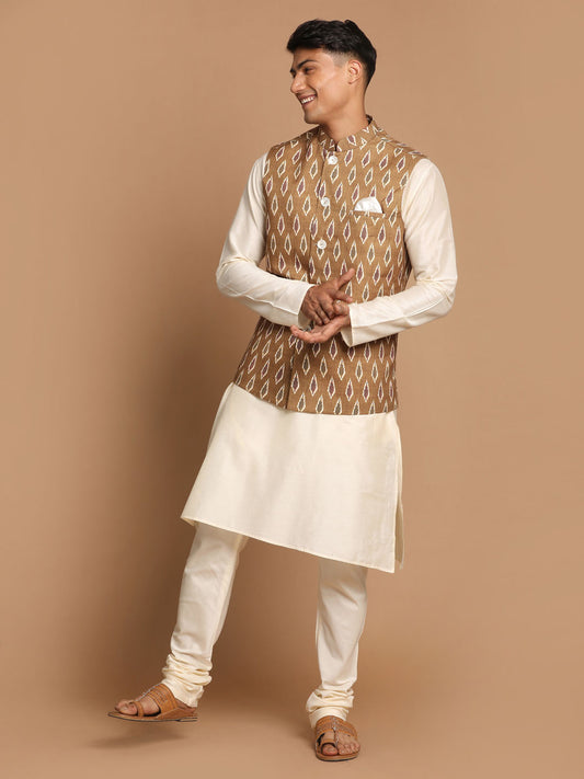 Men's Cream Viscose Straight Jacket  Kurta and Pyjama Set