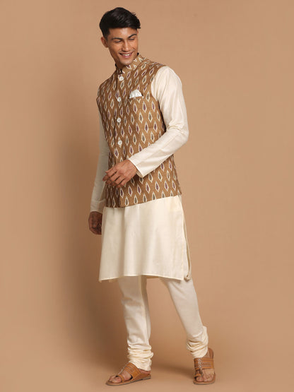 Men's Cream Viscose Straight Jacket  Kurta and Pyjama Set