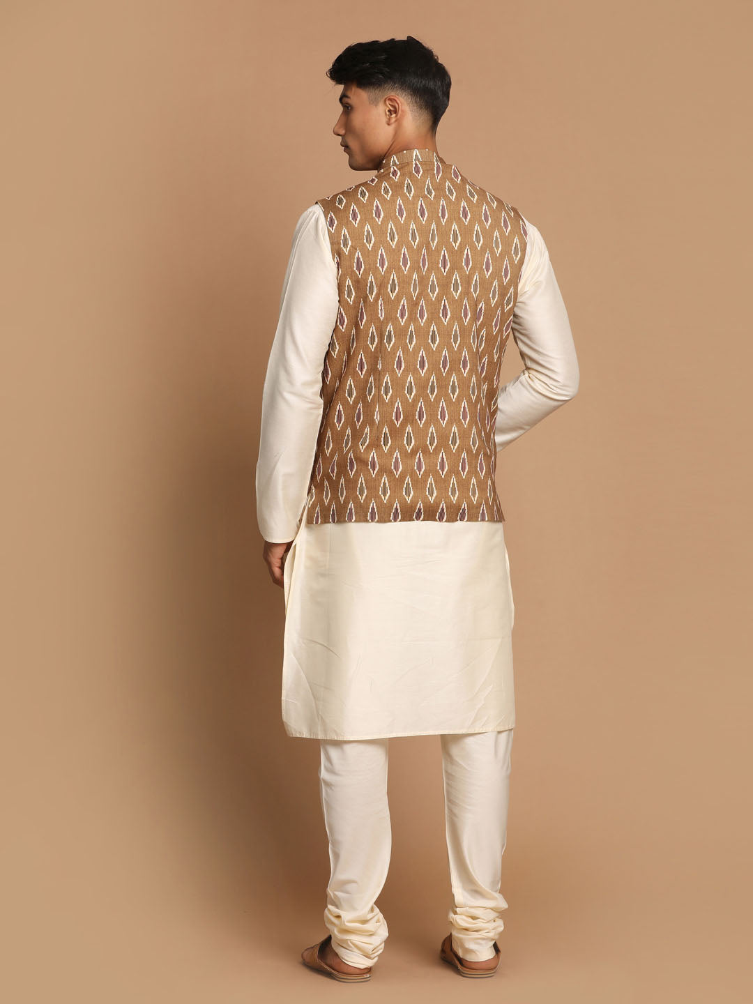 Men's Cream Viscose Straight Jacket  Kurta and Pyjama Set