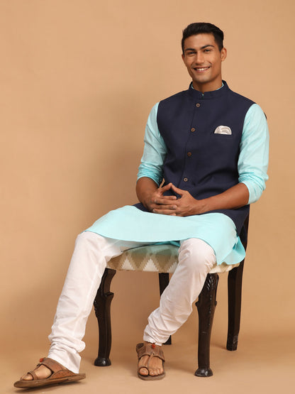 Men's Aqua Cotton Blend Straight Jacket  Kurta and Pyjama Set