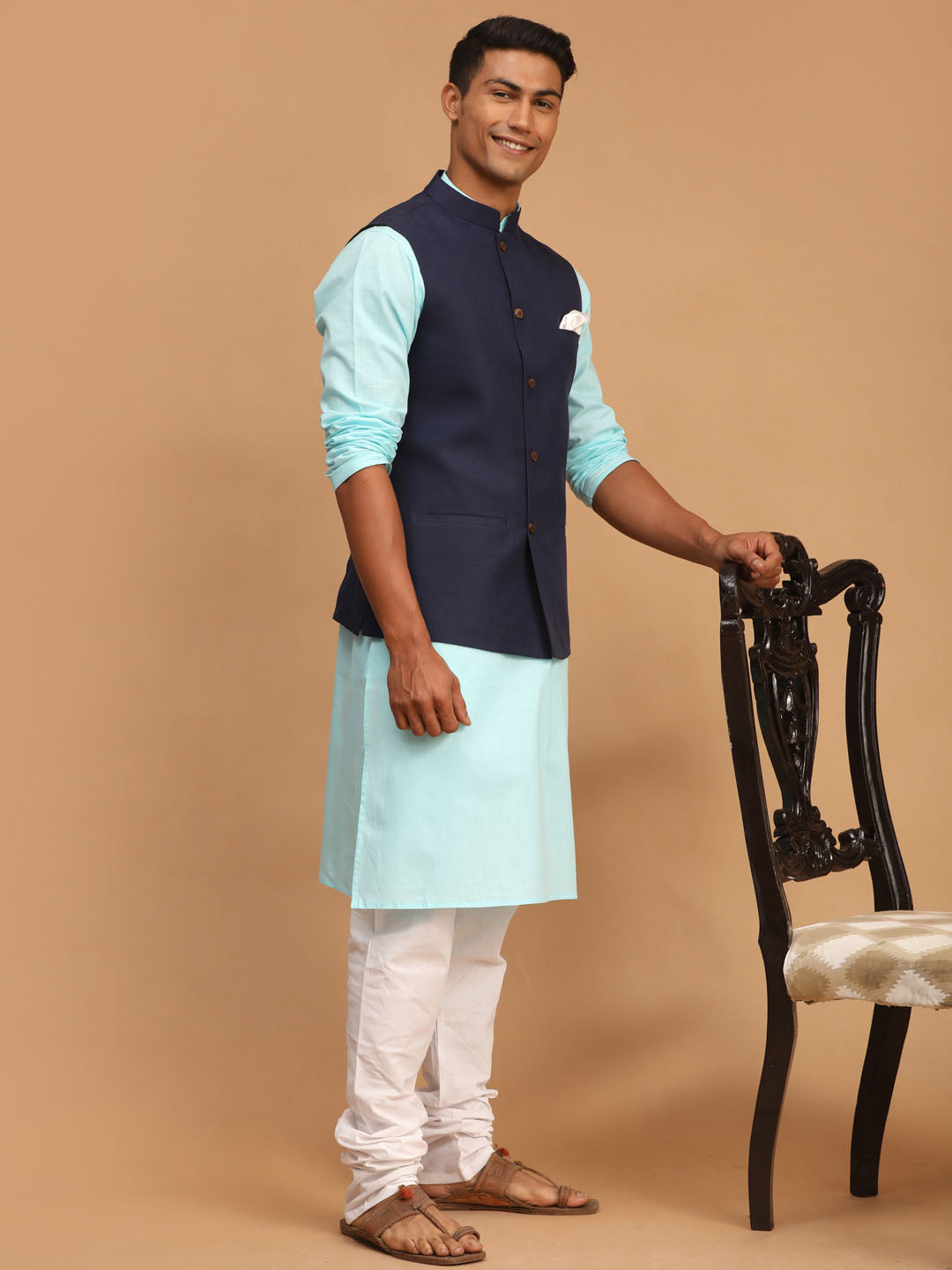 Men's Aqua Cotton Blend Straight Jacket  Kurta and Pyjama Set