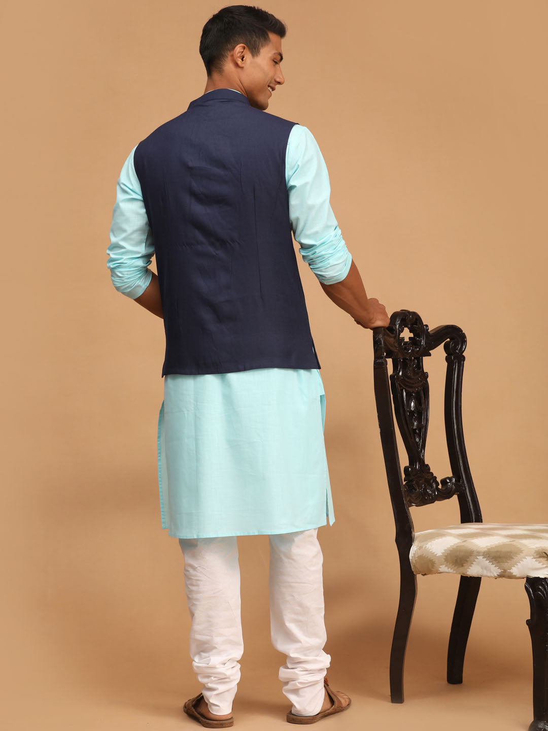 Men's Aqua Cotton Blend Straight Jacket  Kurta and Pyjama Set