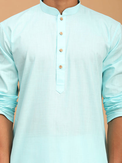 Men's Aqua Cotton Blend Straight Jacket  Kurta and Pyjama Set