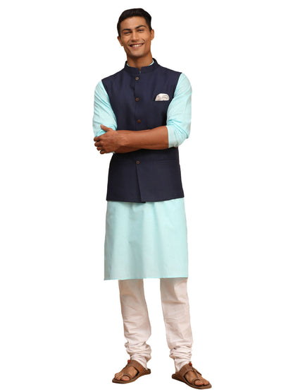Men's Aqua Cotton Blend Straight Jacket  Kurta and Pyjama Set