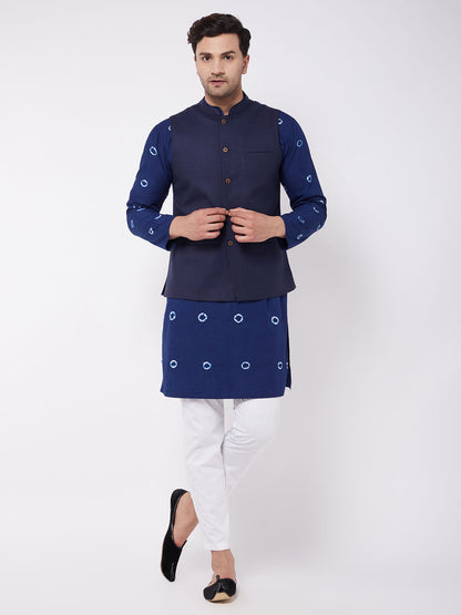 Men's Blue Pure Cotton Straight Jacket  Kurta and Pyjama Set